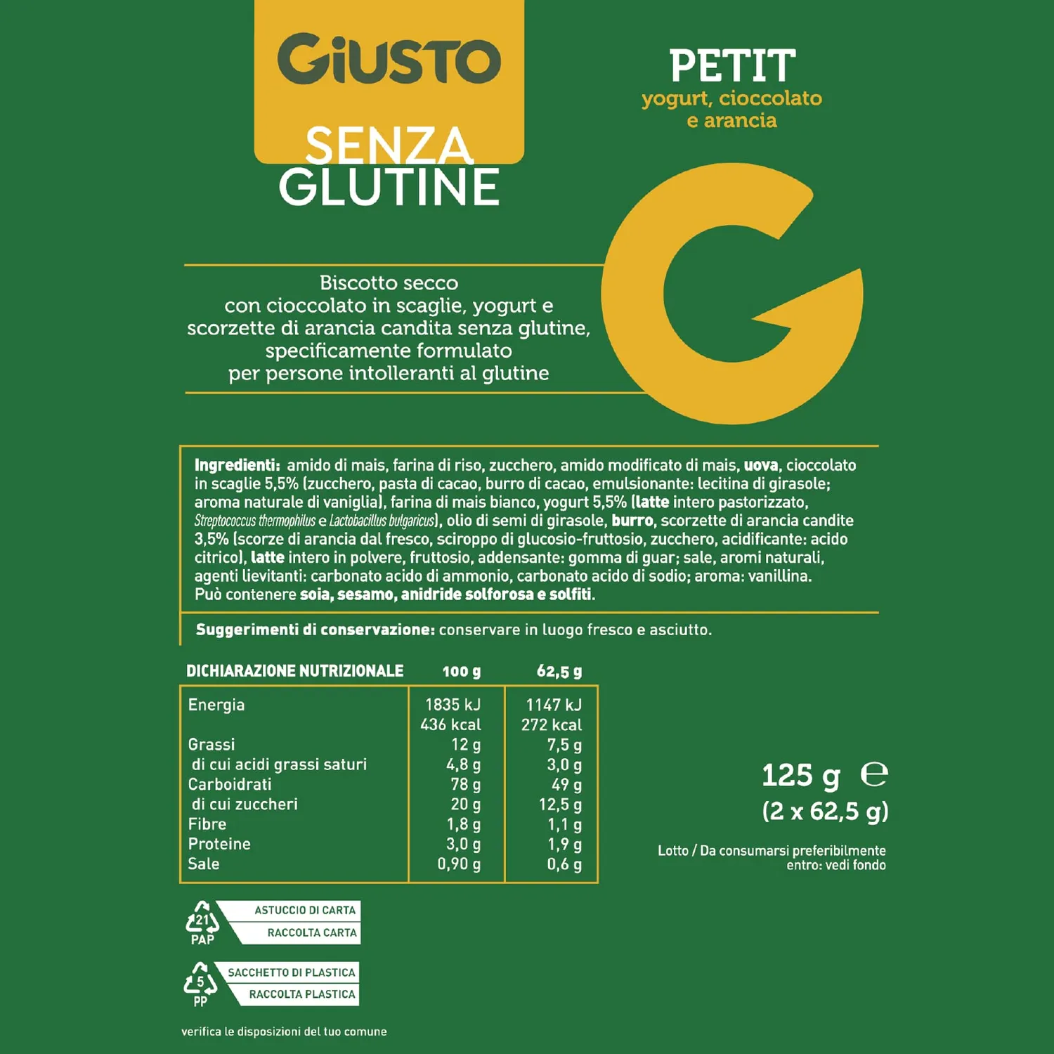 Giusto Petit Biscotti Secchi 2x62,5 g senza olio palma