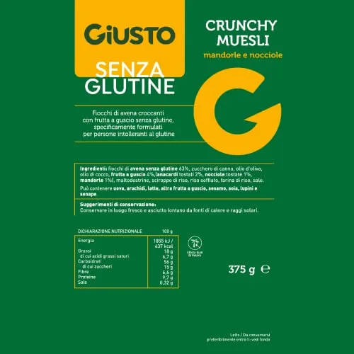 Giusto Crunchy Muesli Mandorle Nocciole cereali 375g senza glutine