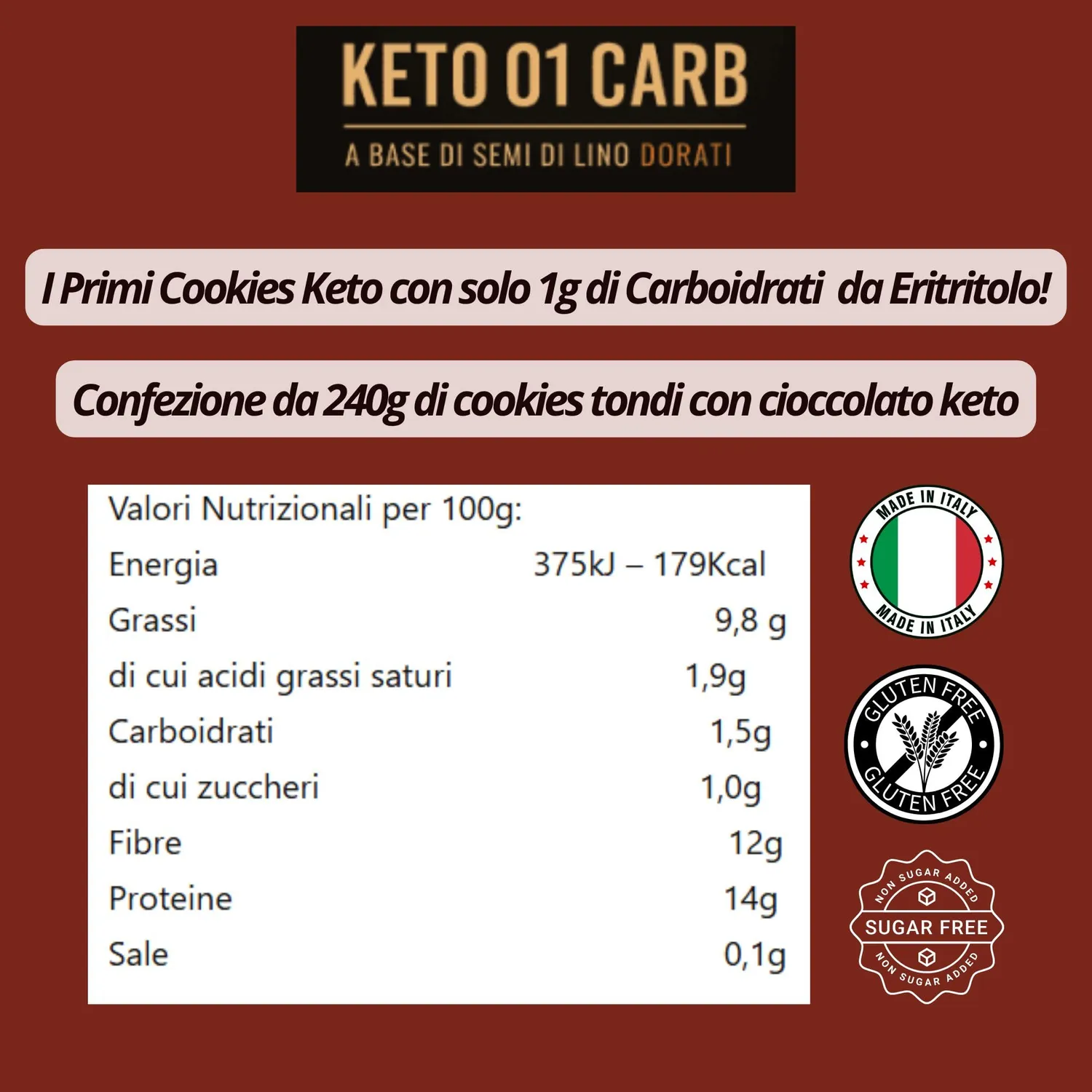 Keto 01 Carb Ciocco Cookies Cioccolato Tondi 240g senza zucchero