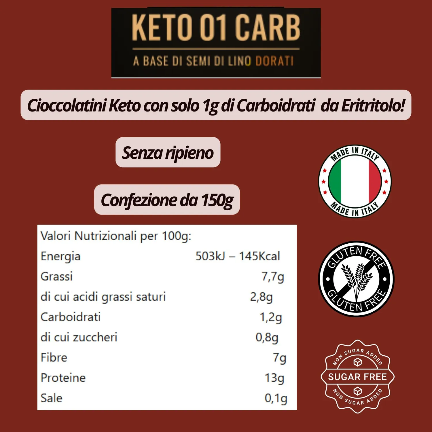 Keto 01 Carb Cioccolatini Senza Ripieno 150g senza zucchero