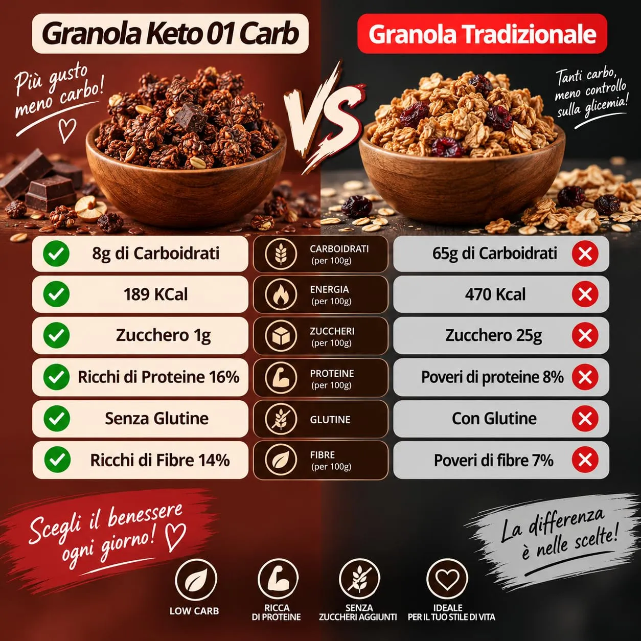 Keto 01 Carb Granola Cioccolato 220g senza zucchero