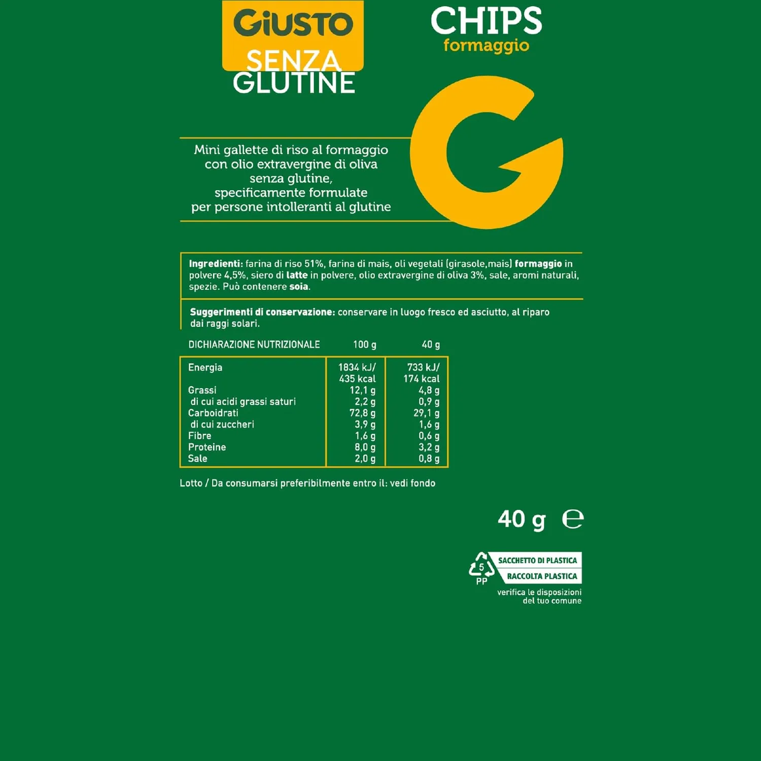 Giusto Chips formaggio senza glutine 40g croccanti