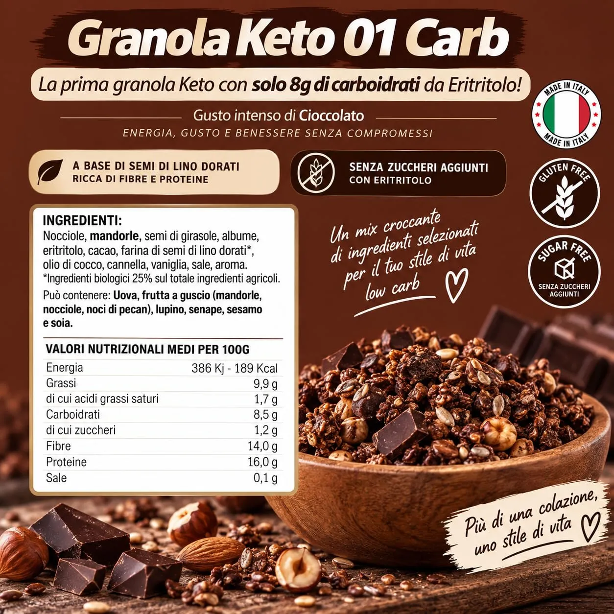 Keto 01 Carb Granola Cioccolato 220g senza zucchero