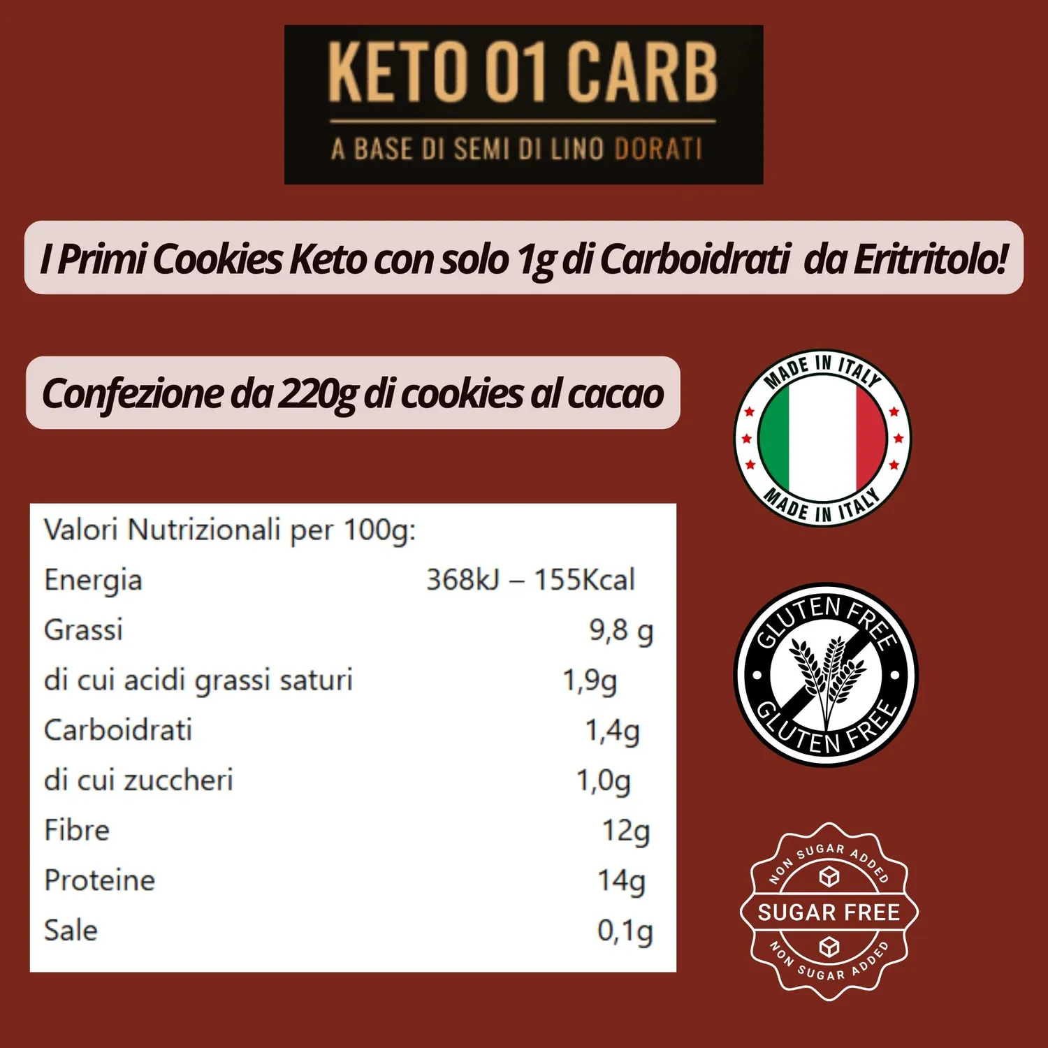 Keto 01 Carb Cookies Cacao 220g senza zucchero