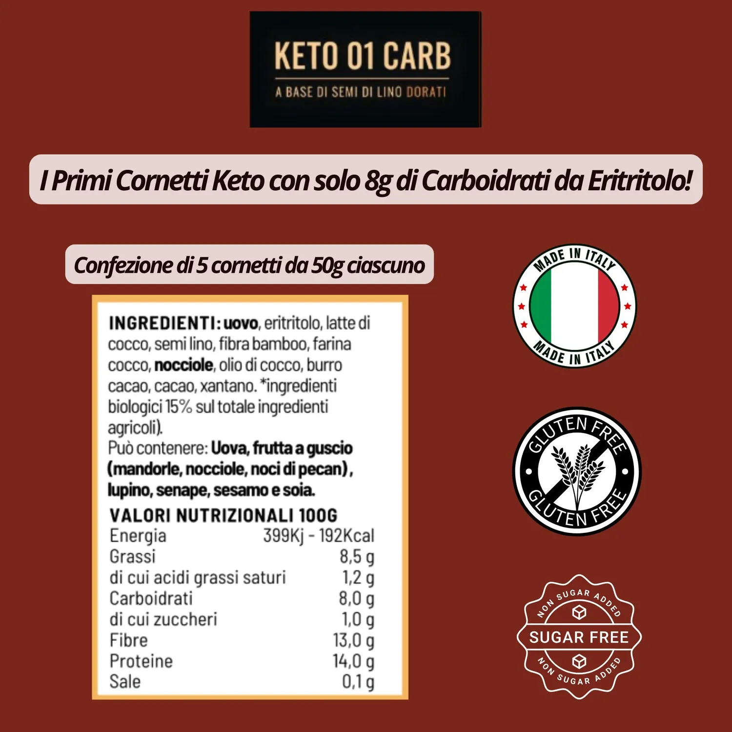 Keto 01 Carb Cornetti crema 5x50g senza zucchero