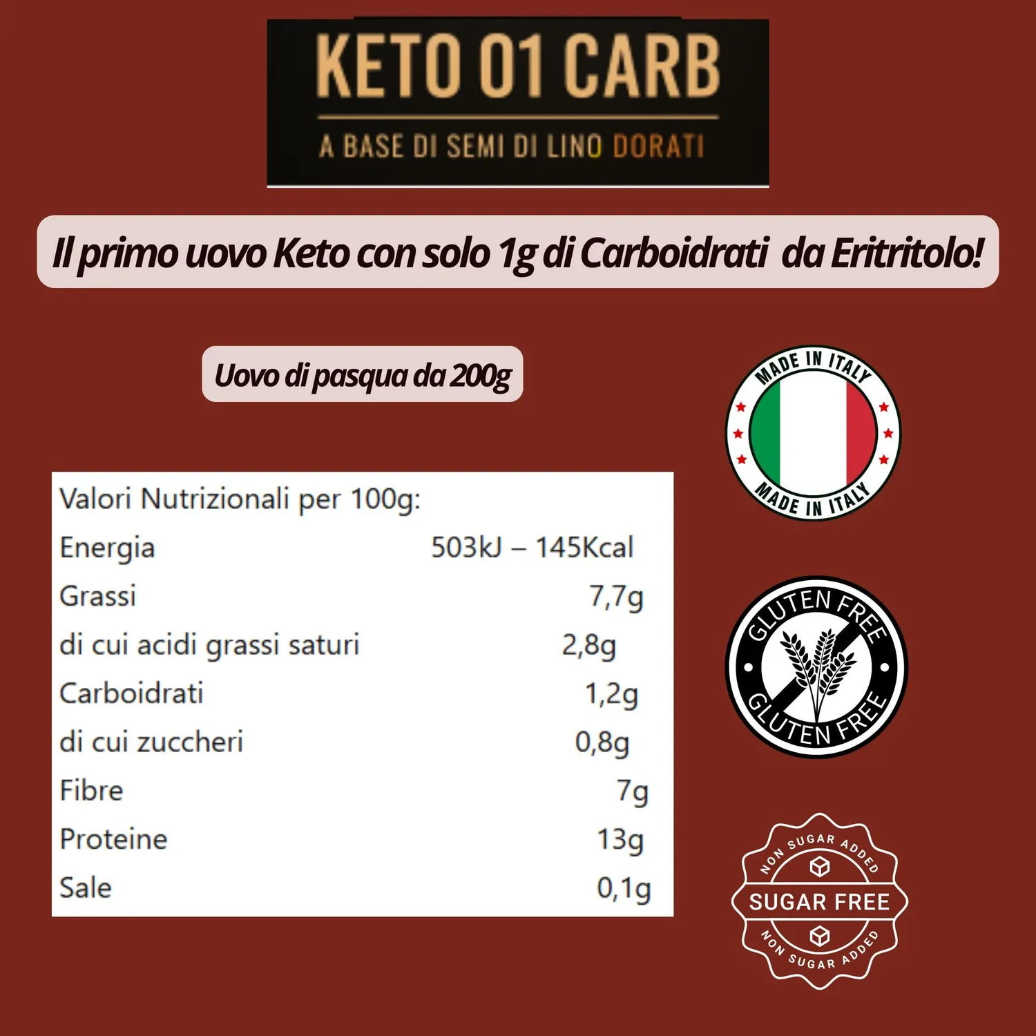 Keto 01 Carb Uovo di Pasqua 200g senza zucchero