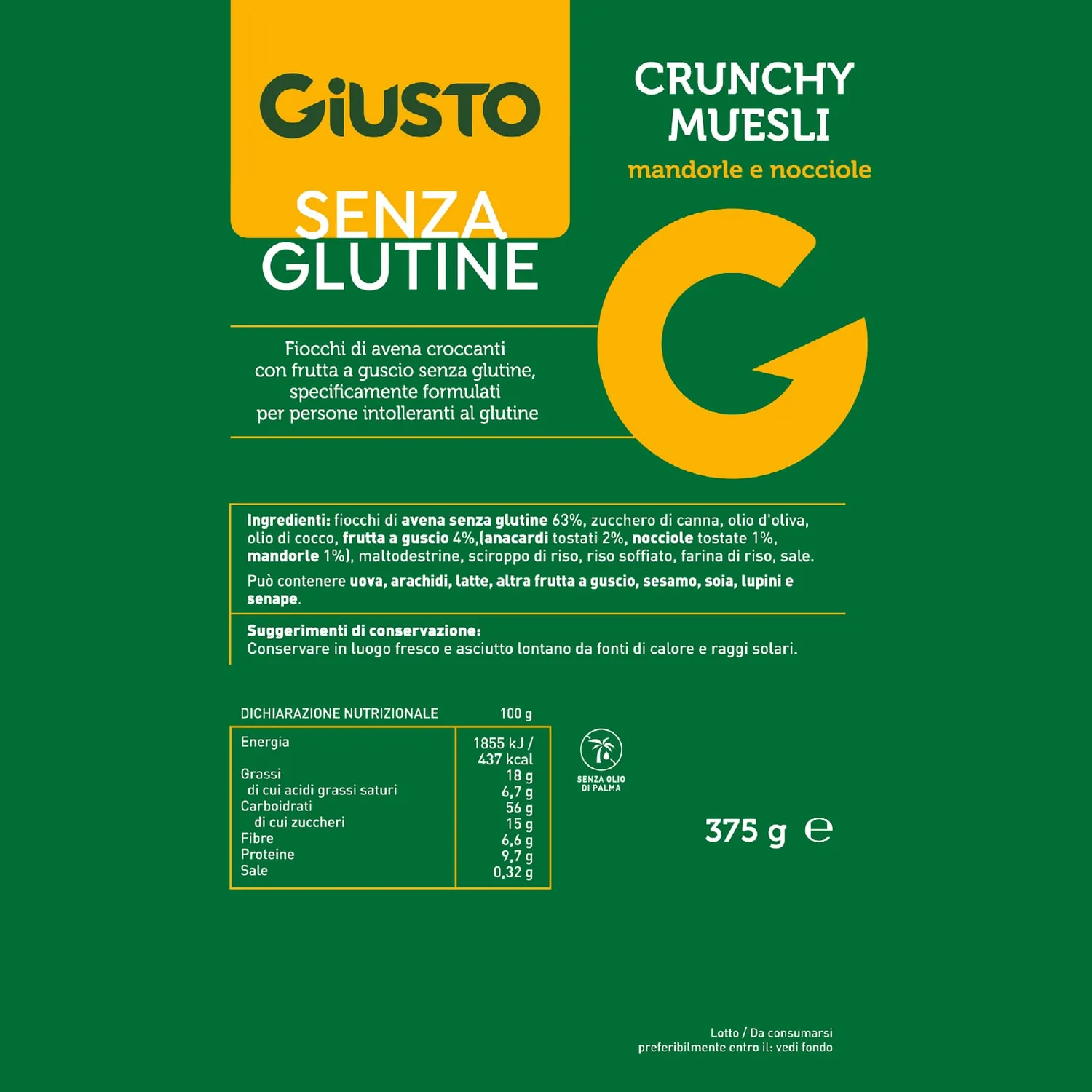 Giusto Crunchy Muesli Mandorle Nocciole cereali 375g senza glutine