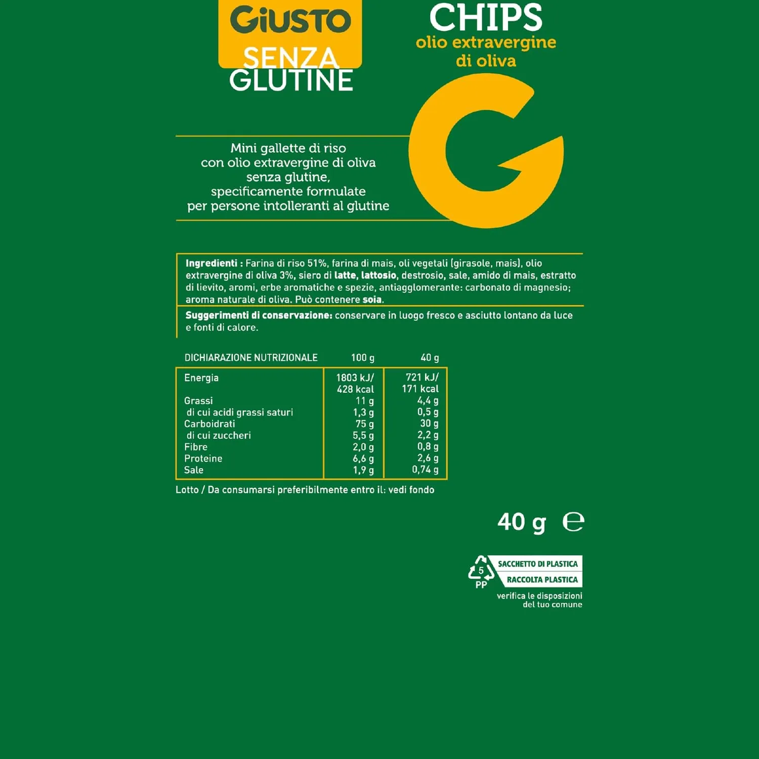 Giusto Chips snack senza glutine 40 g olio evo