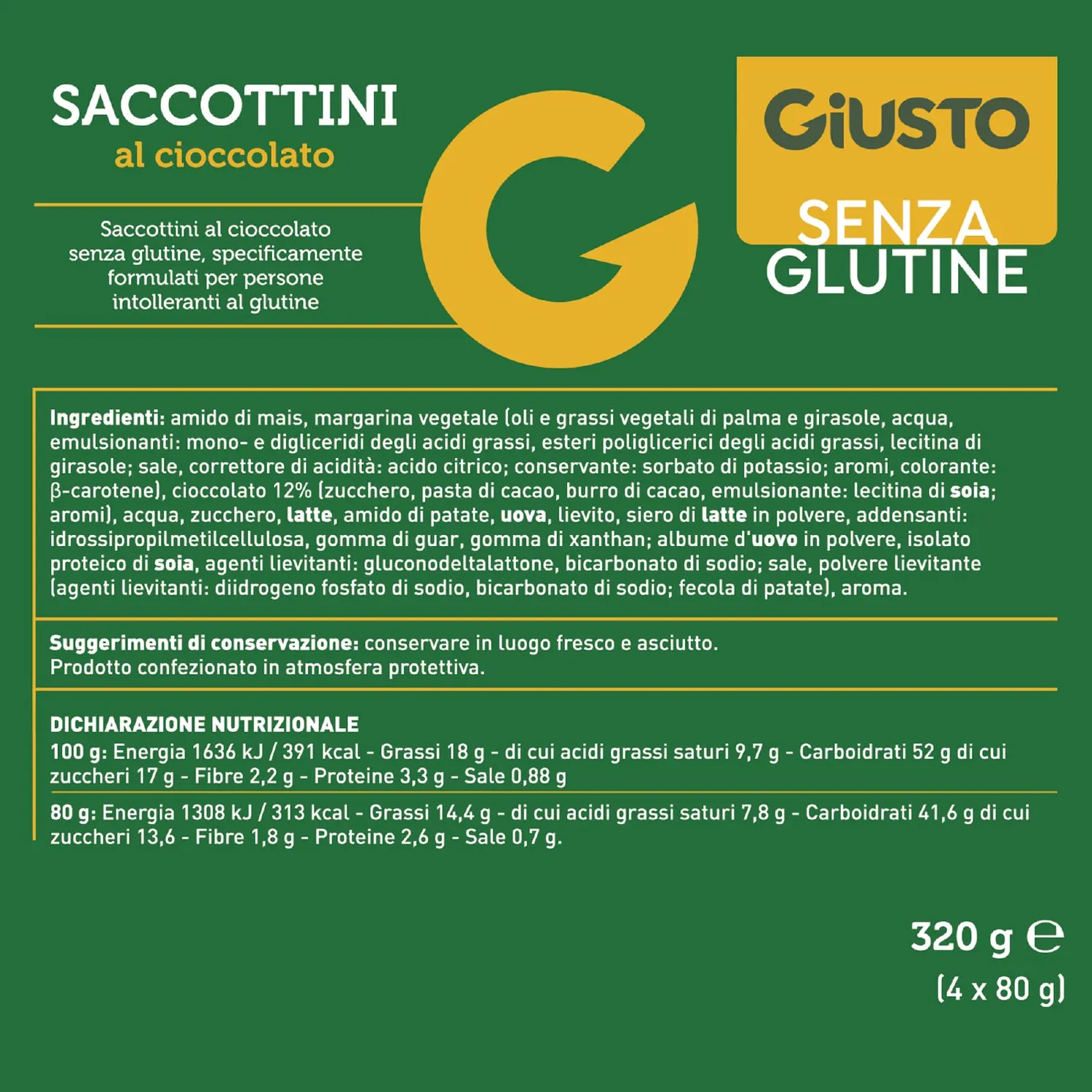 Giusto Saccottini Cioccolato Sfoglia 4x80 g senza glutine