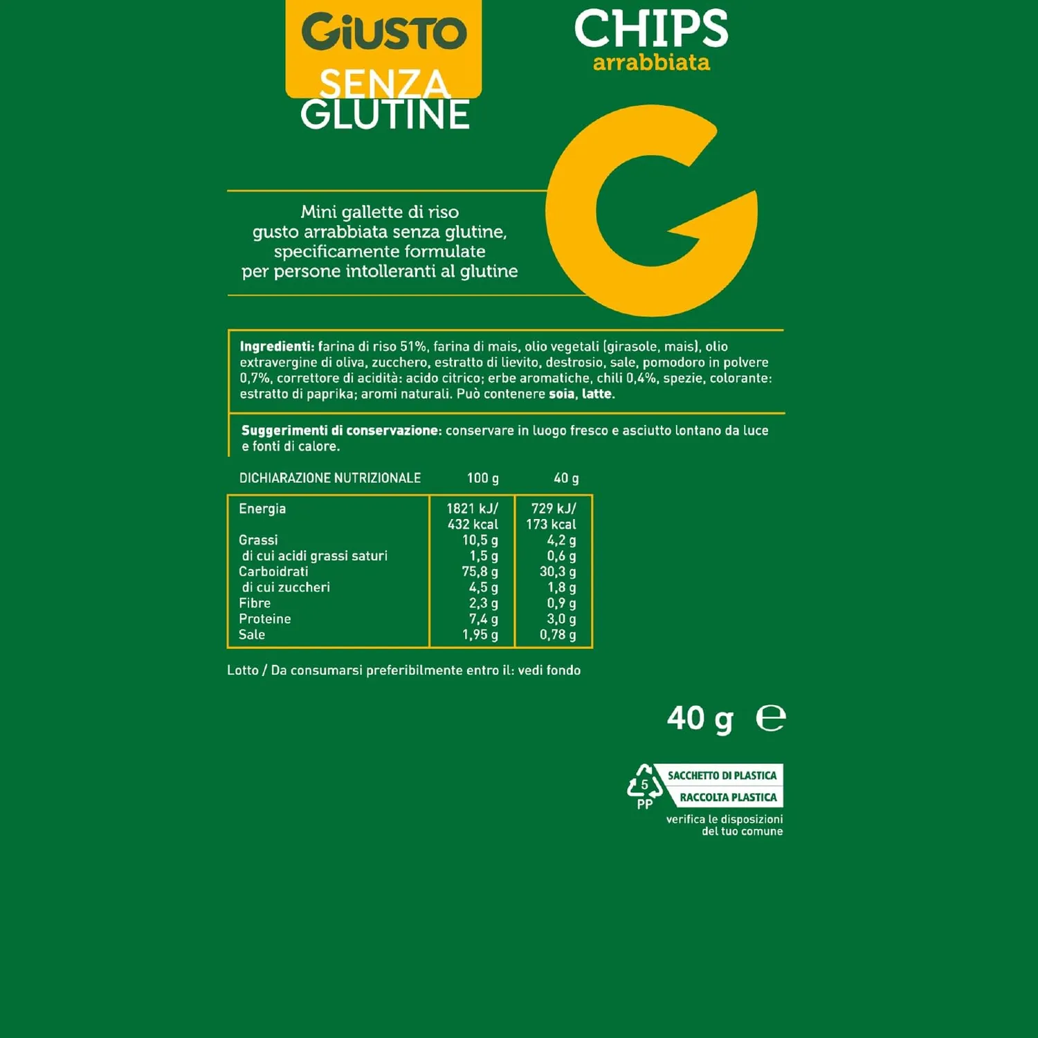 Giusto Chips Arrabbiata snack di riso senza glutine 40 g