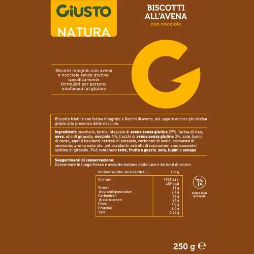 Giusto Natura biscotti avena nocciole senza glutine 250 g